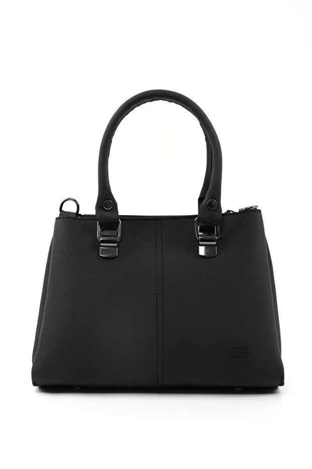 Black Faux Leather Zippered Handbag with 3 Compartments Adjustable