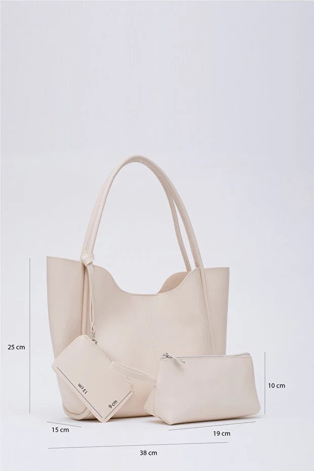 Cream SHK108 faux leather women hand and shoulder bag with wallet and