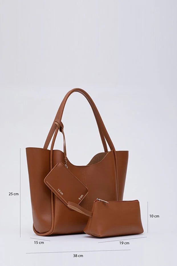 Tan SHK108 faux leather women hand and shoulder bag with wallet and