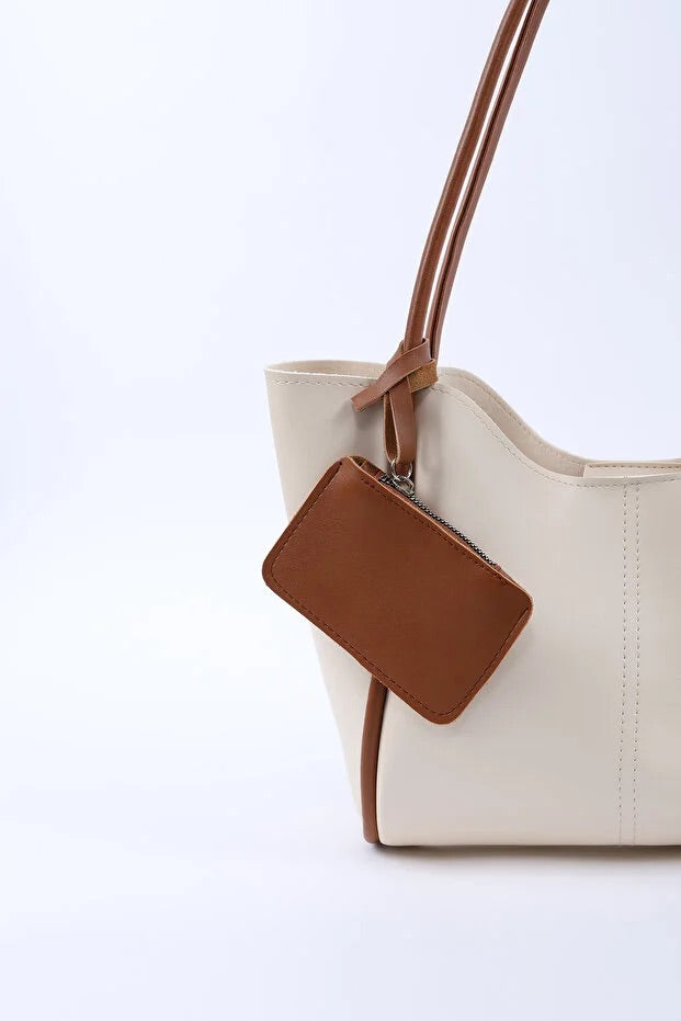 Cream tan SHK108 faux leather women hand and shoulder bag with wallet