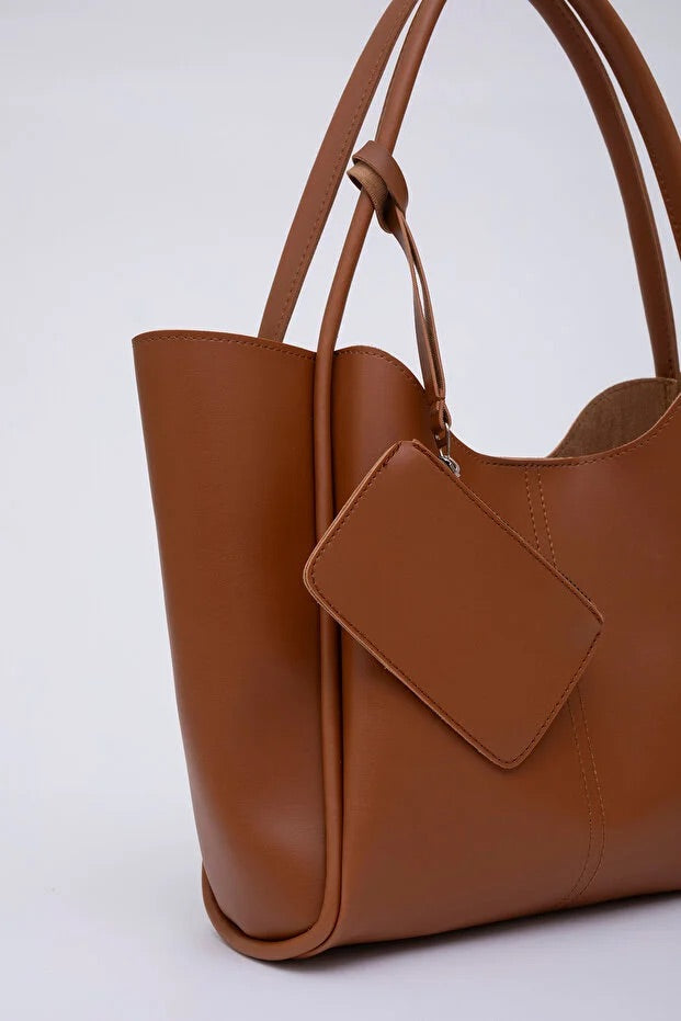 Tan SHK108 faux leather women hand and shoulder bag with wallet and
