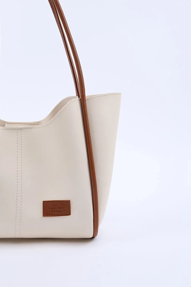 Cream tan SHK108 faux leather women hand and shoulder bag with wallet