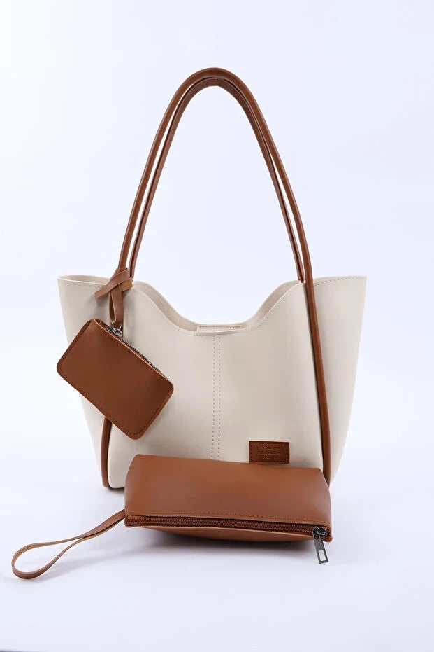 Cream tan SHK108 faux leather women hand and shoulder bag with wallet