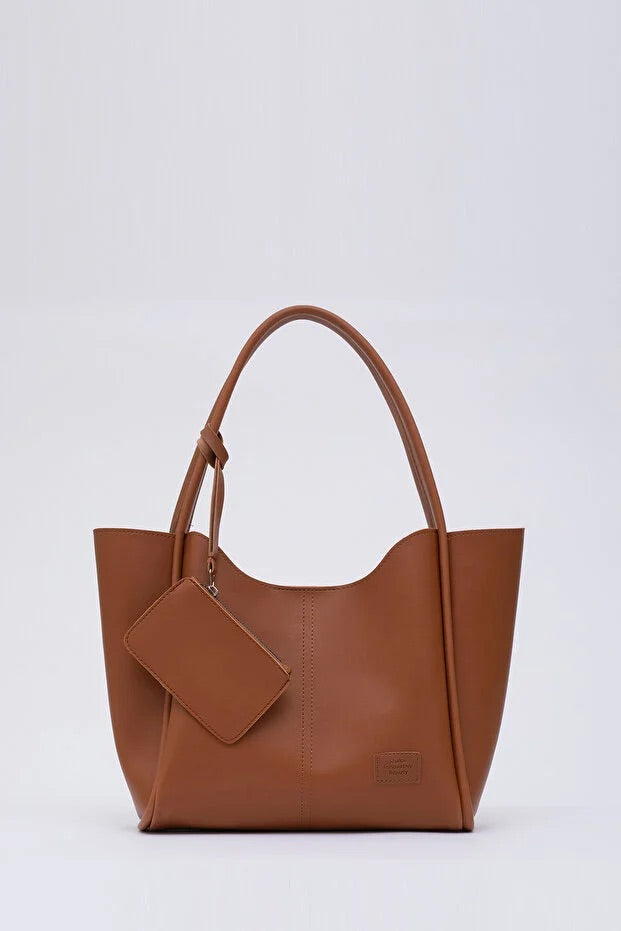 Tan SHK108 faux leather women hand and shoulder bag with wallet and