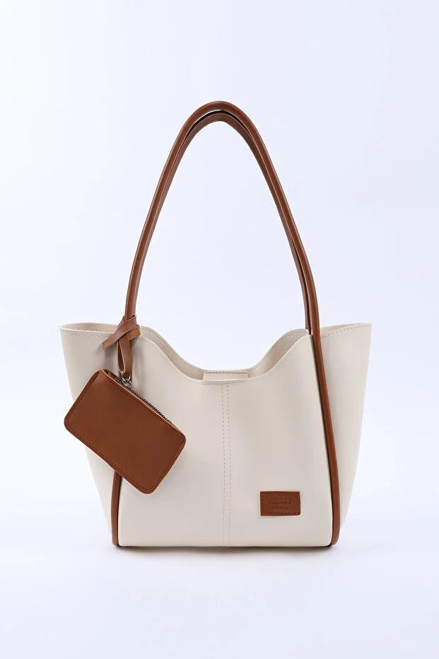 Cream tan SHK108 faux leather women hand and shoulder bag with wallet