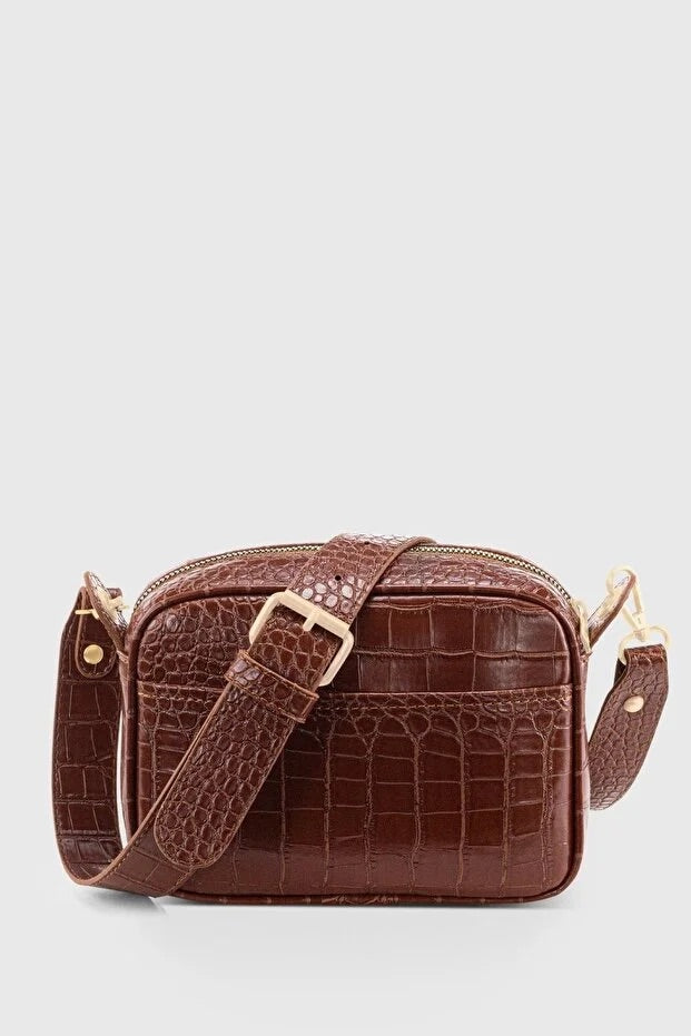 Brown Croc Embossed Crossbody Bag for Women