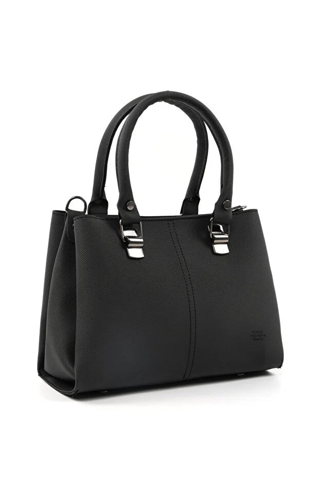 Black Faux Leather Zippered Handbag with 3 Compartments Adjustable