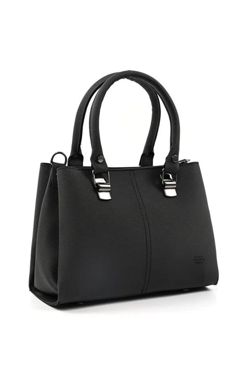 Black Faux Leather Zippered Handbag with 3 Compartments Adjustable