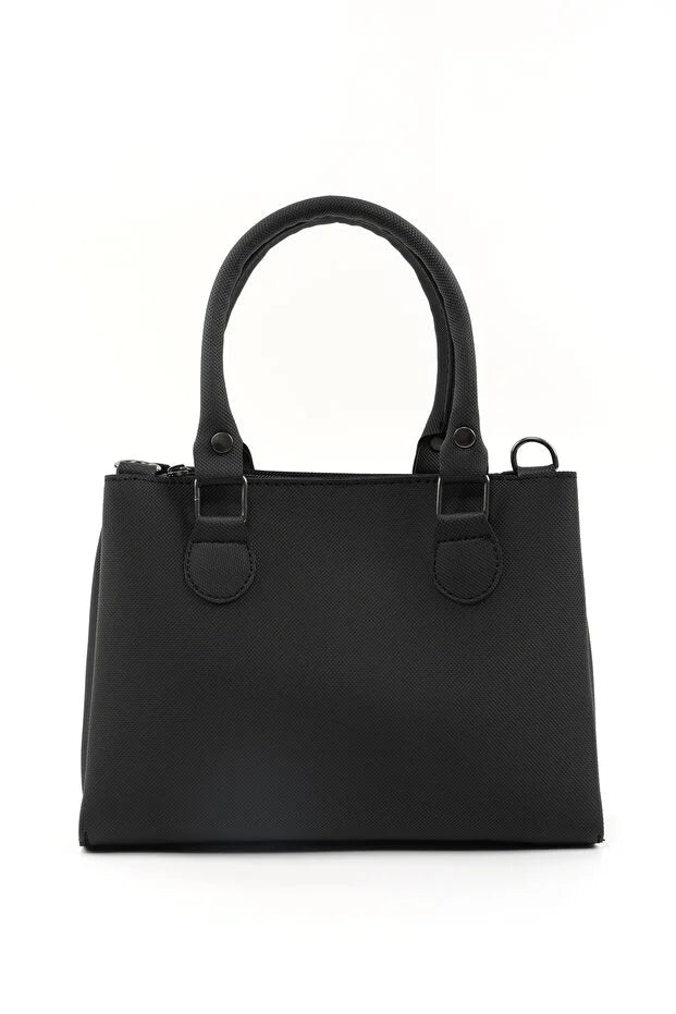 Black Faux Leather Zippered Handbag with 3 Compartments Adjustable