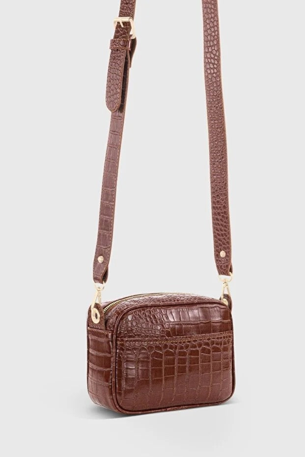 Brown Croc Embossed Crossbody Bag for Women