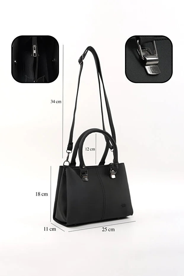 Black Faux Leather Zippered Handbag with 3 Compartments Adjustable