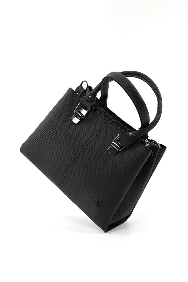 Black Faux Leather Zippered Handbag with 3 Compartments Adjustable