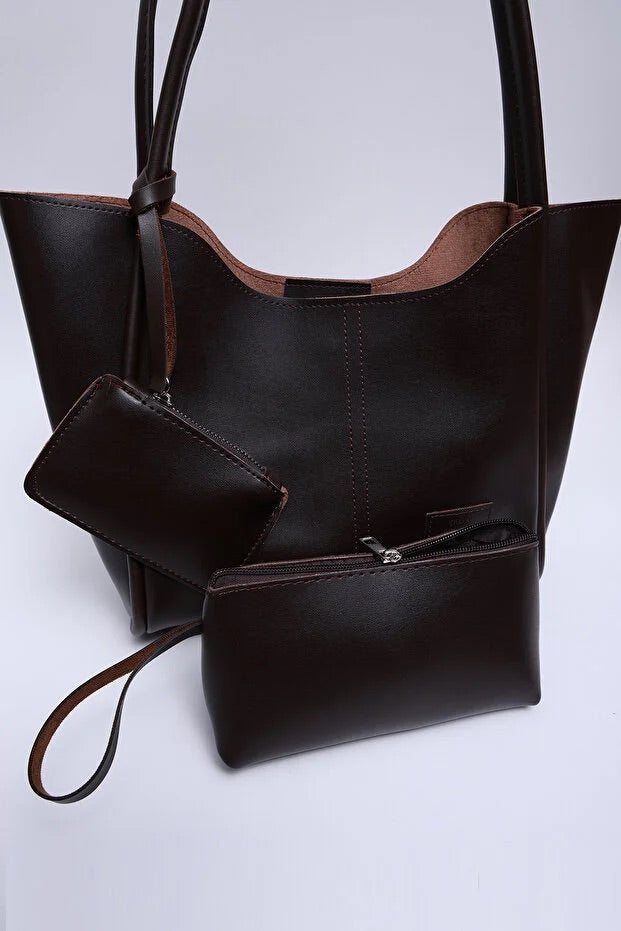 Brown SHK108 faux leather women hand and shoulder with wallet makeup