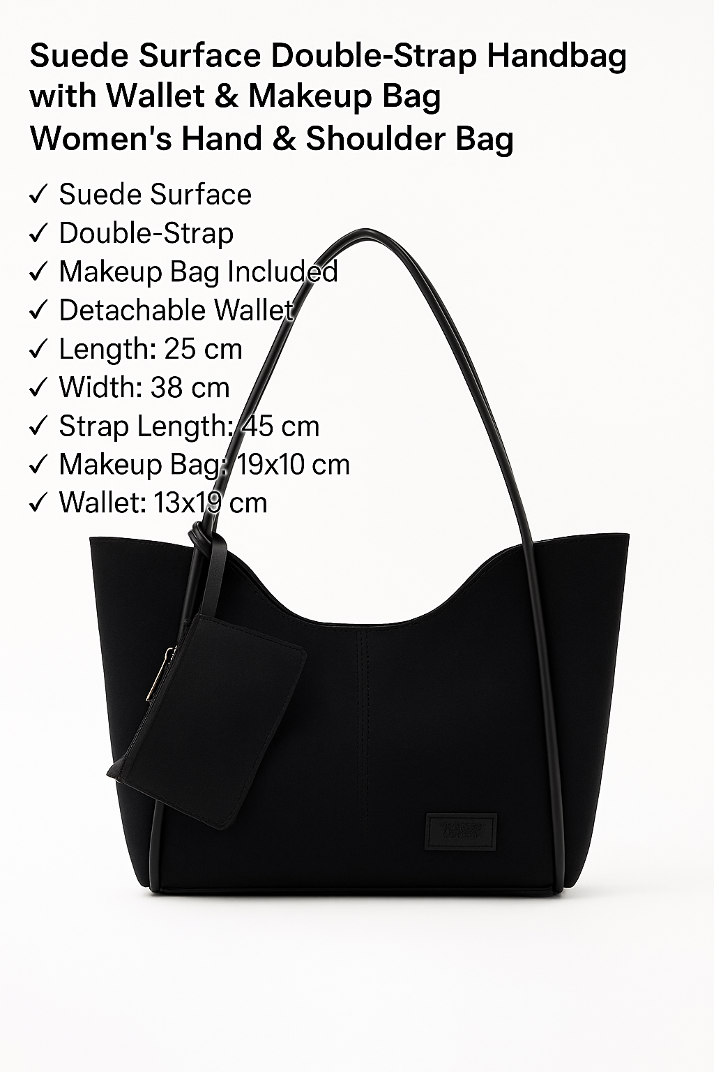 Black suede SHK108 women hand and shoulder bag with wallet makeup