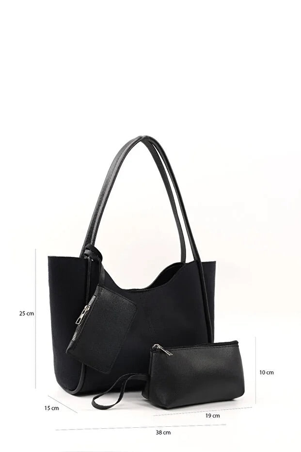 Black suede SHK108 women hand and shoulder bag with wallet makeup