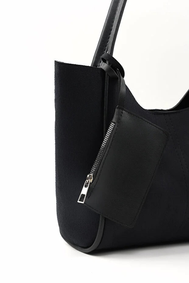 Black suede SHK108 women hand and shoulder bag with wallet makeup